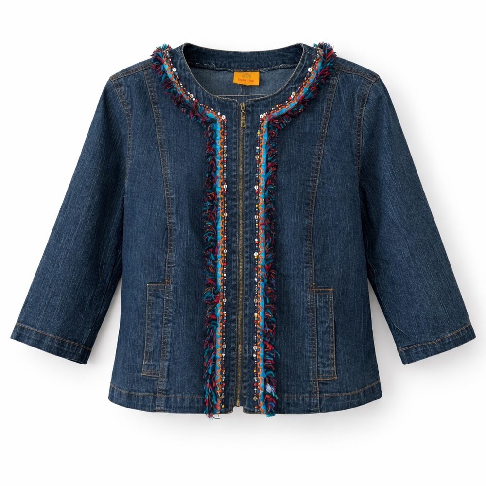 Ruby Rd Embellished Denim Jacket Small Fringe Sequin Boho
